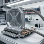 Liquid cold plate mounted on a power module with coolant hoses, pump, and reservoir