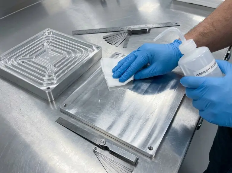 Hands cleaning a metal mounting surface next to an aluminum liquid cold plate and flatness tools