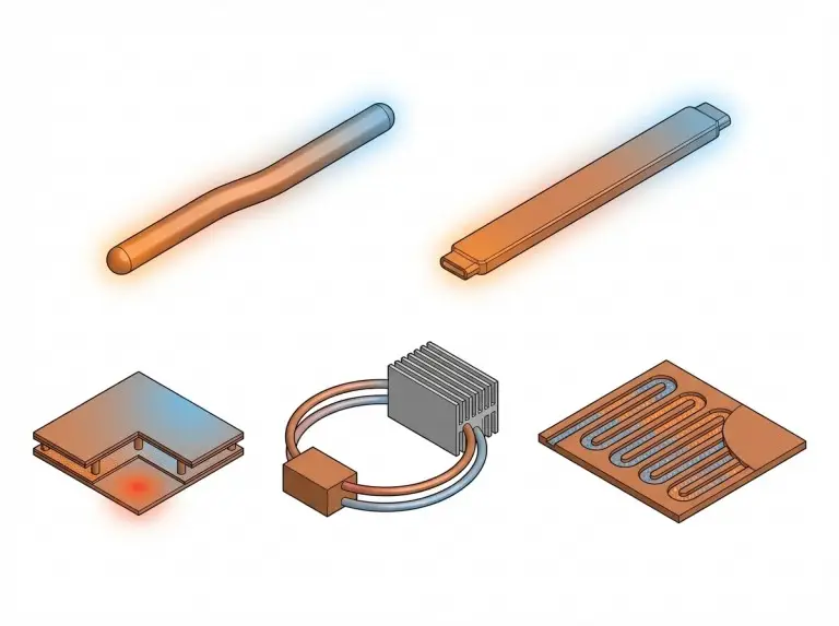 Five heat pipe geometries: round, flat, vapor chamber, loop, and pulsating