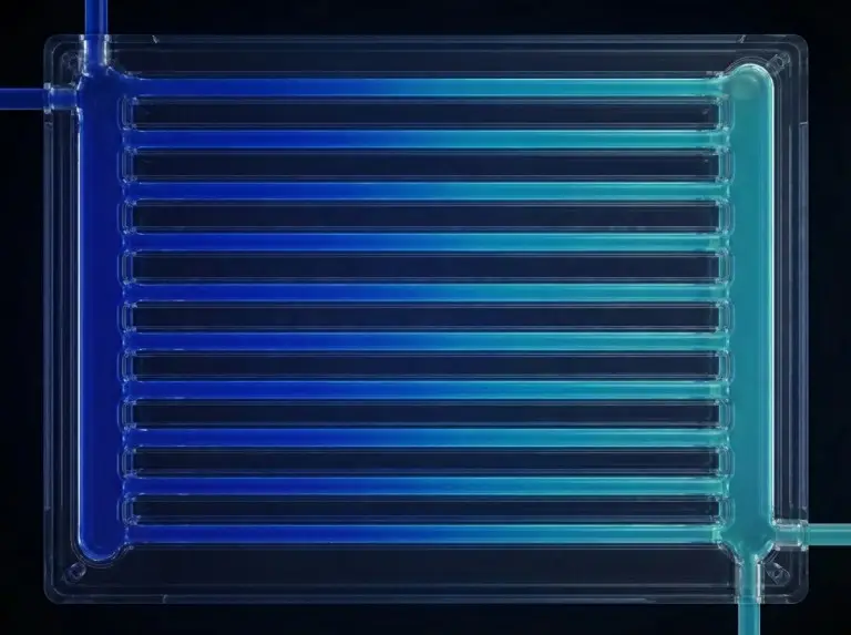 Top-down view of split-flow cold plate with opposite-side inlet and outlet showing complementary temperature gradients