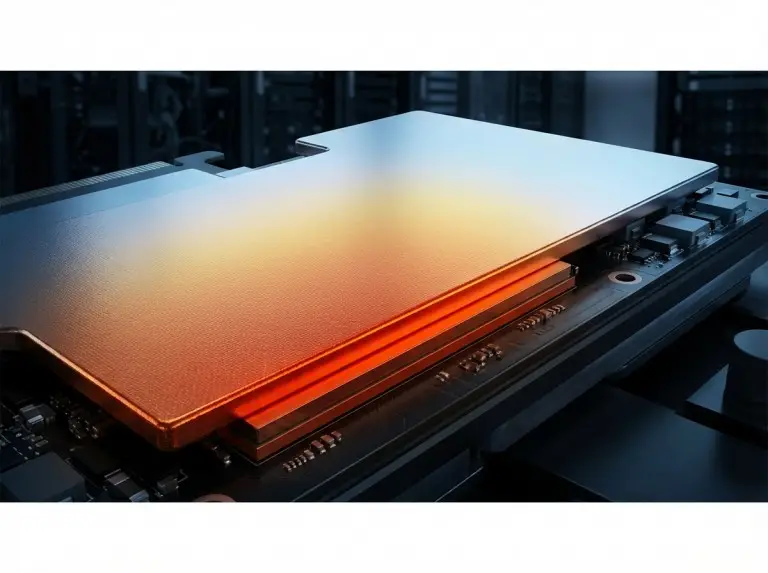 Copper vapor chamber mounted on GPU module showing heat spreading gradient from orange to blue