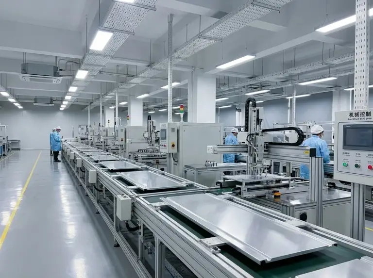 Cold plate production line with plates on a conveyor
