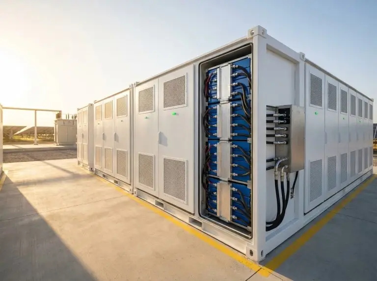 Containerized battery energy storage system with an open battery rack and liquid cooling manifold
