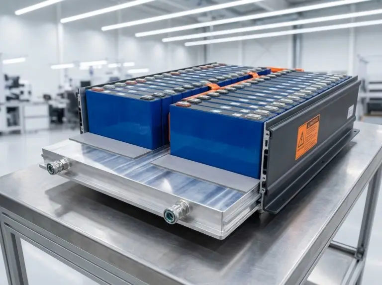 Moduli batteria per veicoli elettrici montati su una piastra di raffreddamento a liquido in alluminio