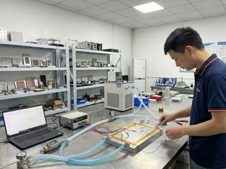 Engineer running a thermal test on a cold plate in the R&D lab