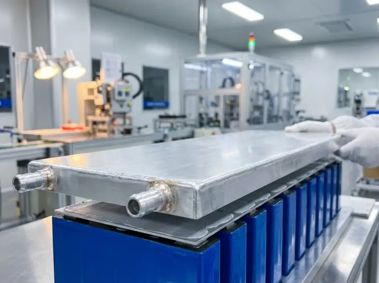 Piastra di raffreddamento a liquido in alluminio brasato montata su una pila di celle prismatiche della batteria