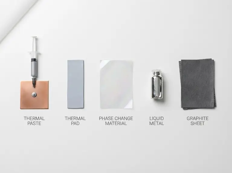 Fünf speziell entwickelte Wärmeleitmaterialien: Wärmeleitpaste, Silikonpad, Phasenwechselmaterial, Flüssigmetall und Graphitfolie