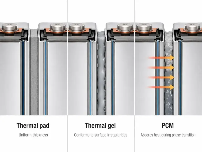Comparison of thermal pad, thermal gel and phase-change material in BESS inter-cell barrier application