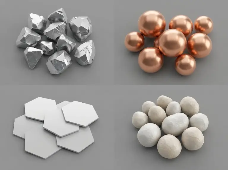 Vergleichstabelle der Füllstofftypen: Aluminiumoxid-, Bornitrid-, Silber- und Kupferpartikel im mikroskopischen Maßstab mit Angabe der relativen Größe und der Unterschiede in der Wärmeleitfähigkeit.
