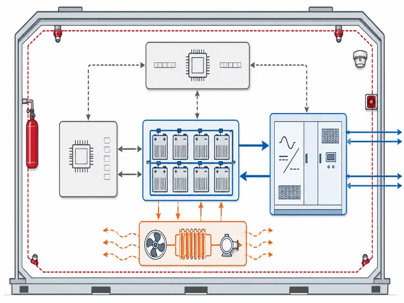 BESS component architecture diagram showing battery modules, BMS, PCS, EMS, and thermal management system interaction