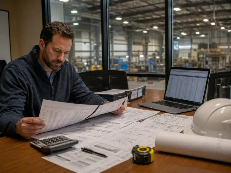 Il responsabile del progetto esamina i preventivi per l'installazione di sistemi di accumulo di energia a batteria, corredati da disegni tecnici e tabelle dei costi, in una sala riunioni di un edificio commerciale.