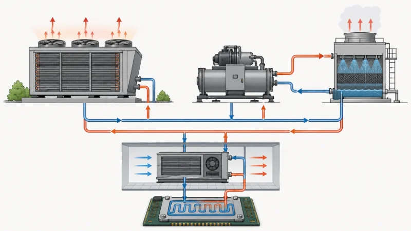 Schematic comparing air-cooled and water-cooled data center chillers, showing chilled-water loop, cooling tower, and condenser heat rejection
