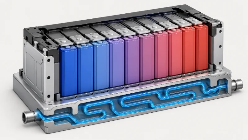 Schnittdarstellung eines Batteriemoduls mit Flüssigkeitskühlplatte und farblich abgestuften Zelltemperaturen, die zeigt, wie das Wärmemanagement die Lebensdauer des Energiespeichersystems beeinflusst.