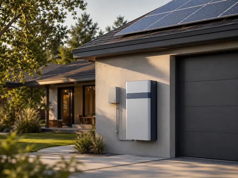 Residential PV battery storage system with rooftop solar panels and a wall-mounted lithium battery