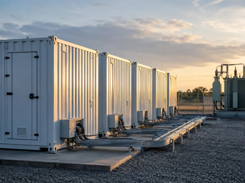 Row of white containerized battery energy storage units on a concrete pad beside a substation, with conduit trays running to a transformer