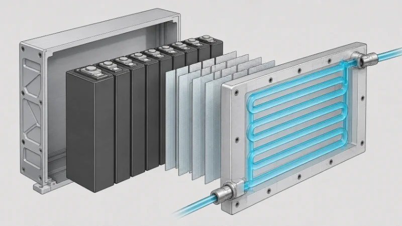 Cutaway view of a lithium battery module showing prismatic cells stacked against a flat cold plate, with coolant channels and an inlet and outlet loop