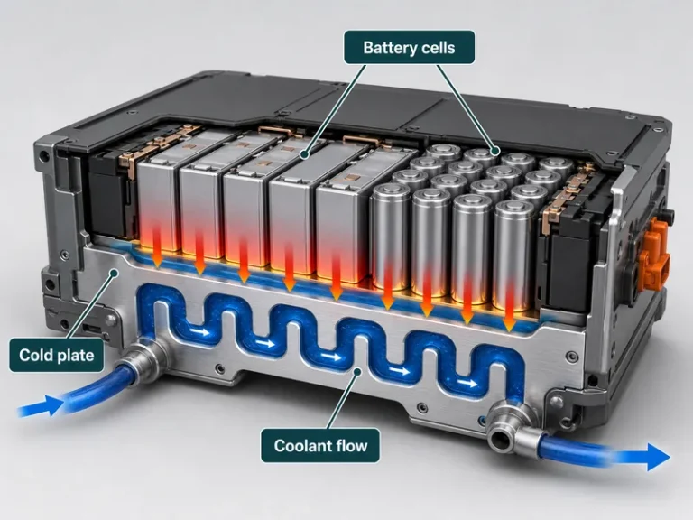 Cross-section of an EV battery pack liquid cooling system routing coolant along the cell-to-plate interface