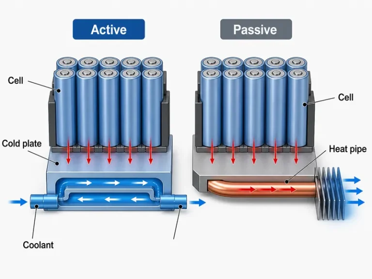 Active vs passive thermal management heat paths from battery cell to coolant, driven liquid flow versus passive conduction