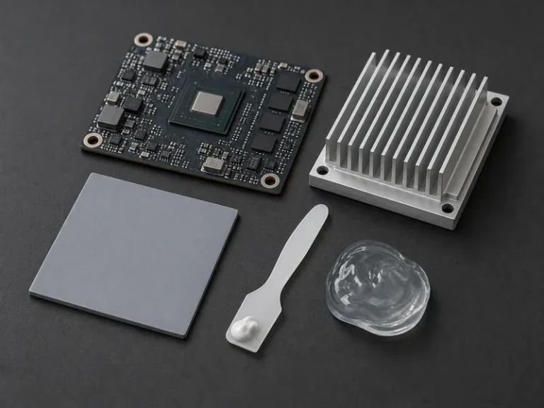 Thermal interface materials for dissipating heat in electronics, including a thermal pad, grease, and gel beside a heat sink