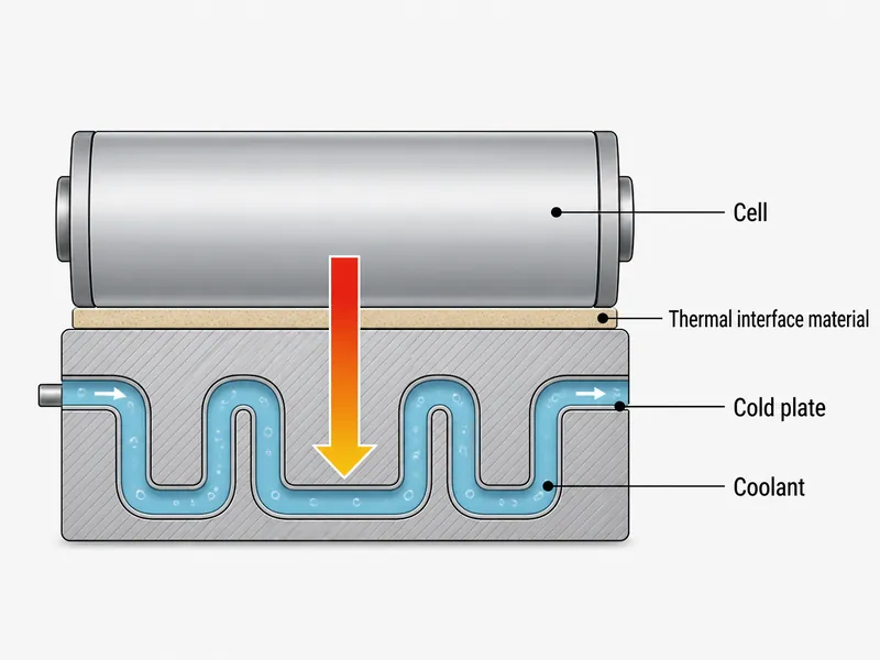 Diagramm des Wärmeleitpfads zwischen Zelle und Kühlmittel, das das Wärmeleitmaterial zwischen einer Batteriezelle und einer Kühlplatte im Wärmemanagement von Energiespeichern zeigt.