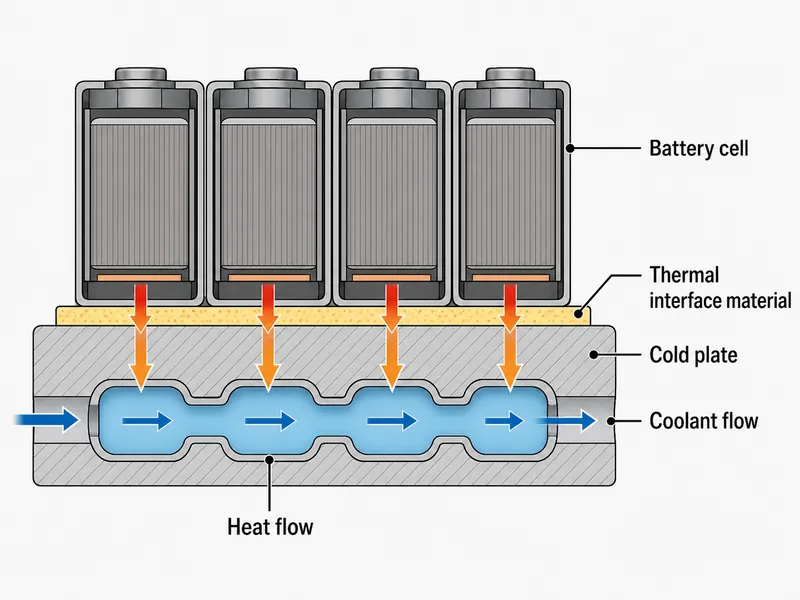 Liquid cold plate cross-section showing the cell-to-coolant heat path for thermal management