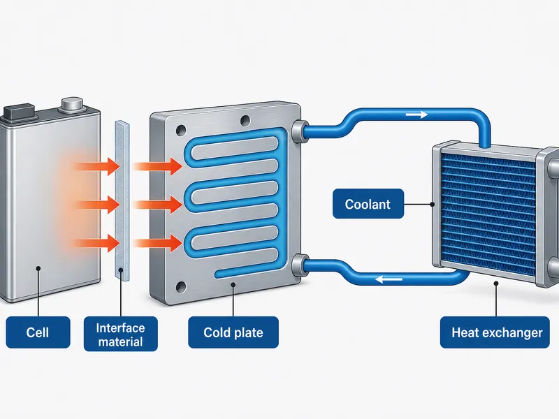 Cell-to-coolant heat path diagram from battery cell through interface material and cold plate to the coolant loop in a liquid-cooled ESS