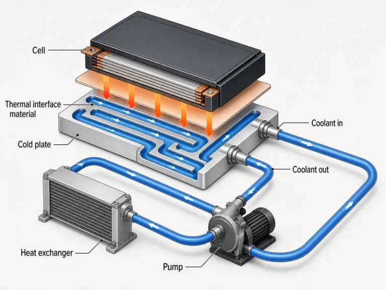 Liquid cold plate cell-to-coolant heat path showing cell, thermal interface material, cold plate channels, pump, and heat exchanger loop