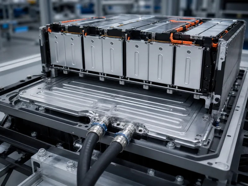Flüssigkeitskühlplatte kühlt ein EV-Batteriepackmodul, um eine gleichmäßige Temperaturverteilung während des Schnellladens zu gewährleisten.