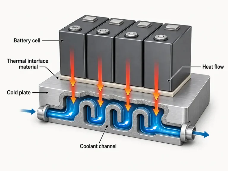 Diagram of the cell-to-coolant heat path through a liquid cold plate, showing coolant channels and thermal interface material