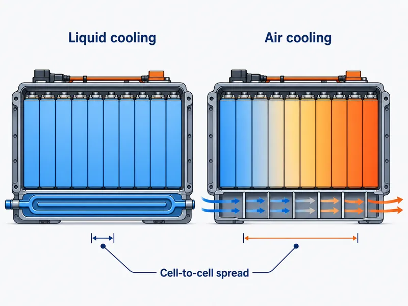 Comparison diagram of liquid versus air cooling for ESS service life showing cell-to-cell temperature spread and best-fit scale