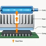 Diagram of the PCB heat path from component through a thermal pad to the heat sink and cold plate