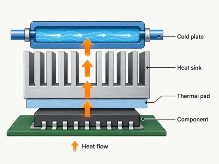 Diagram of the PCB heat path from component through a thermal pad to the heat sink and cold plate