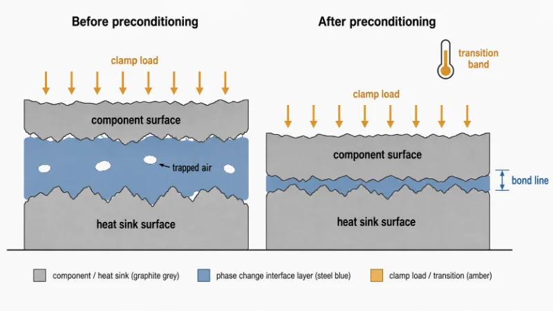 Diagram comparing the same interface before and after preconditioning, showing how the bond line thins.