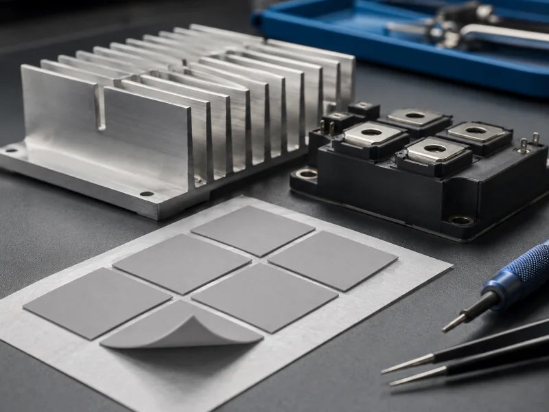 Die-cut phase change thermal pads staged beside a power module and heat sink before assembly.