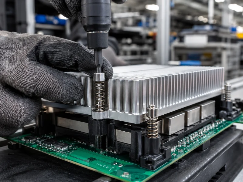 Heat sink being clamped onto a power module during electronics assembly.