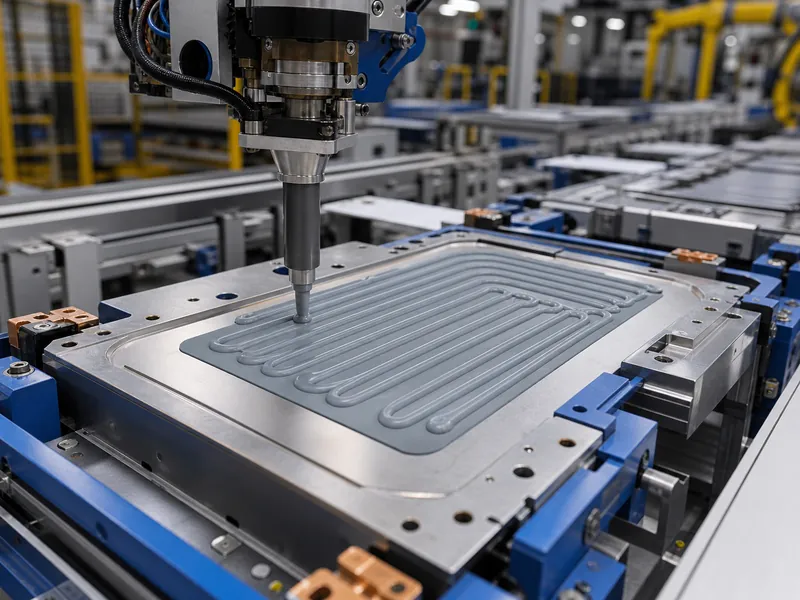 Montage eines EV-Batteriemoduls mit silikonfreiem Spaltfüller zwischen den Zellen und einer flüssigen Kühlplatte