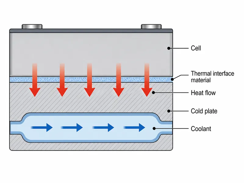 Wärmepfad zwischen Batteriezelle und Kühlmittel mit Batteriezelle, silikonfreiem Wärmeleitmaterial, Kühlplatte und Kühlmittel