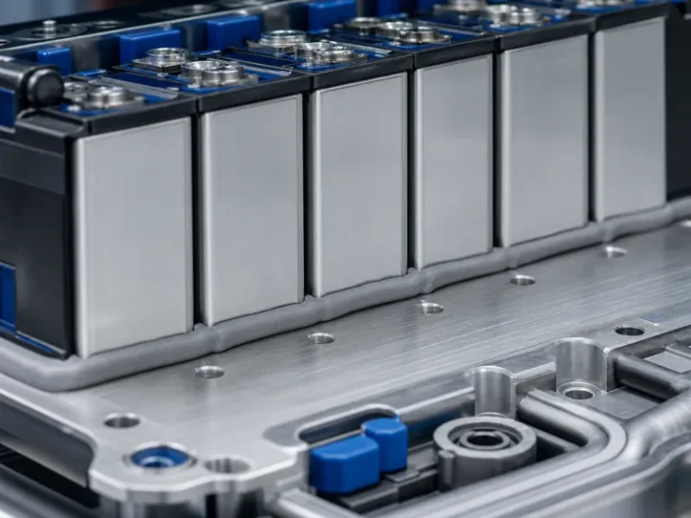 Silicone thermal pad compressed between EV battery cells and a cold plate to bridge an uneven interface gap