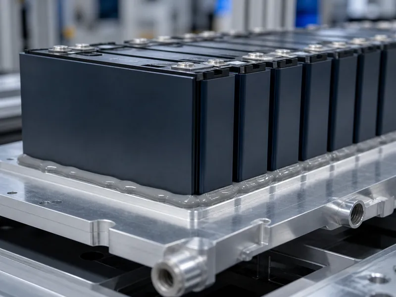 Thermischer Spaltfüller zwischen den EV-Batteriezellen und einer Flüssigkeitskühlplatte im Inneren eines Packs