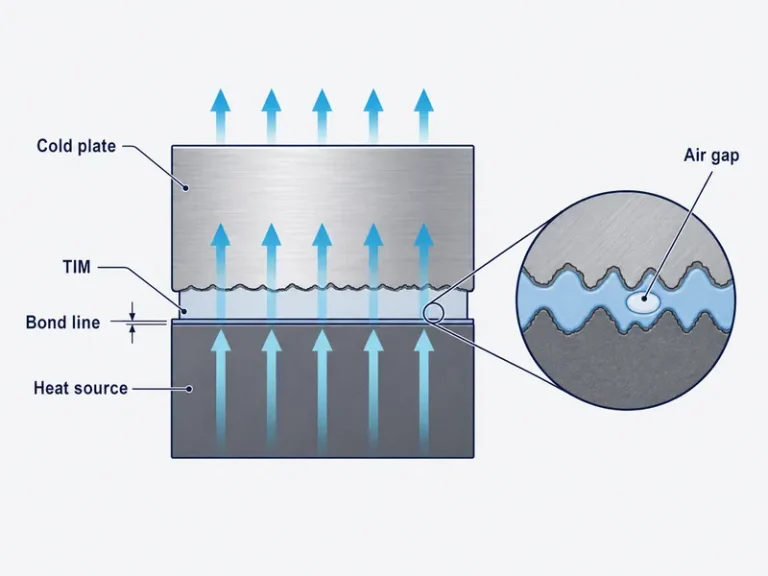 Thermal interface material in the heat path from a die or battery cell through the bond line to a cold plate, filling the air gap
