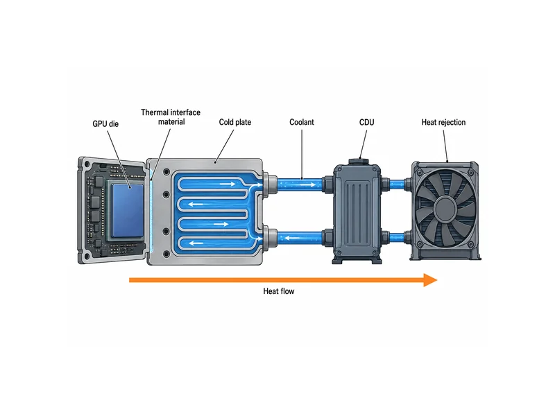 Heat path diagram for AI server cooling from GPU die through thermal interface material to cold plate, coolant, and CDU