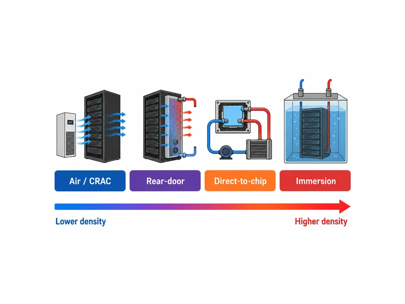 Chart matching AI server cooling method to rack power density, from air to rear-door, direct-to-chip, and immersion
