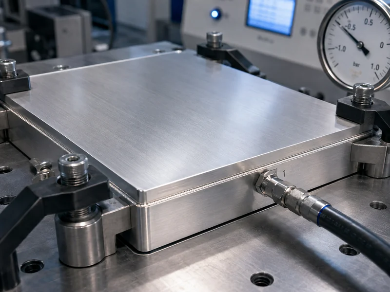 Close-up of a vacuum-brazed aluminium cold plate on a helium leak and pressure test fixture