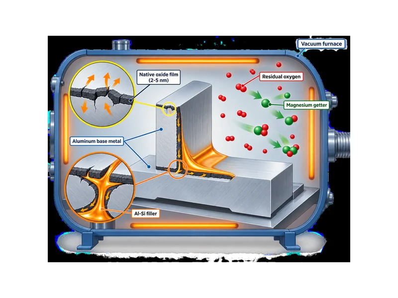 Aluminium vacuum brazing mechanism diagram showing thermal-expansion cracking of the native oxide and magnesium gettering residual oxygen