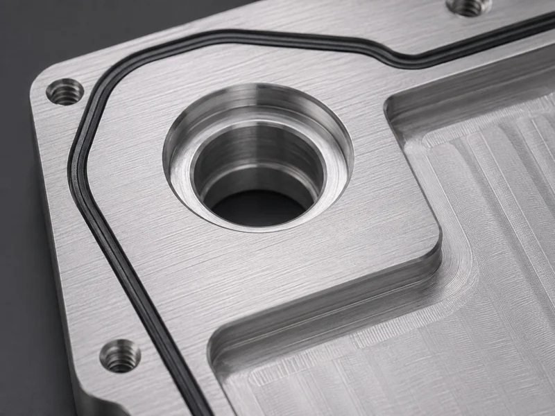 Close-up of an aluminum liquid cooling plate sealing surface and coolant ports showing the flat contact face used in cold plate design for battery cells
