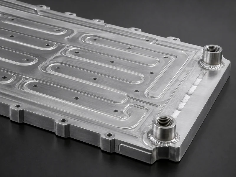 Close-up of an aluminum liquid cold plate showing coolant ports and internal channel layout