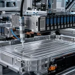 Battery module and pack assembly process line integrating modules, cold plate, and thermal interface materials into a finished pack