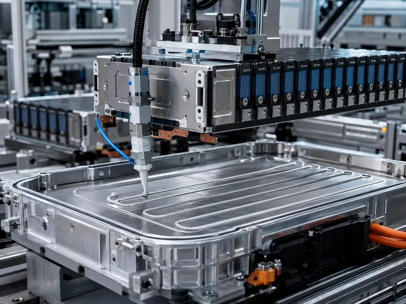Battery module and pack assembly process line integrating modules, cold plate, and thermal interface materials into a finished pack