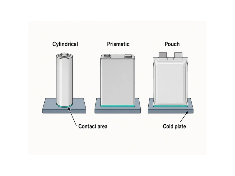 Cylindrical, prismatic, and pouch cell cooling surfaces shaping battery module assembly contact area and pressure