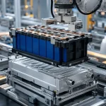 Battery module assembly line joining matched cells over a cold plate before pack integration